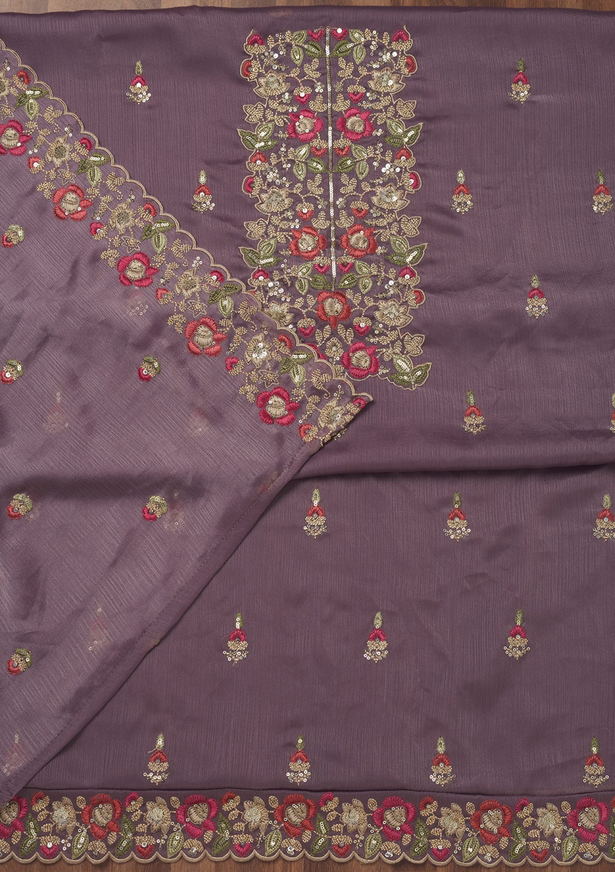 Lavender Zariwork Semi Crepe Unstitched Salwar Suit-Koskii