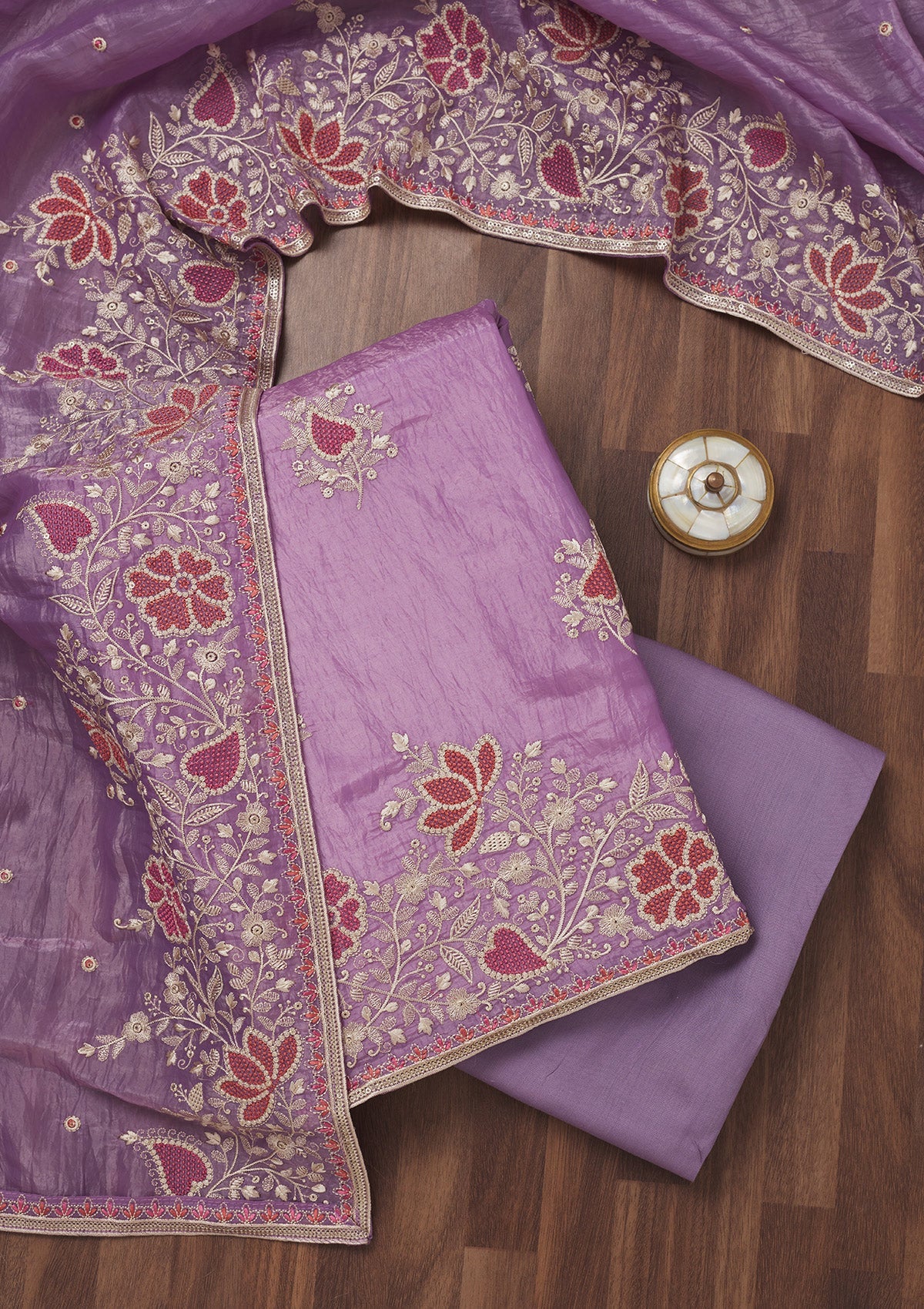 Lavender Zariwork Semi Crepe Unstitched Salwar Suit-Koskii