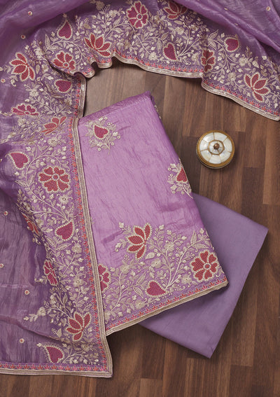 Lavender Zariwork Semi Crepe Unstitched Salwar Suit-Koskii