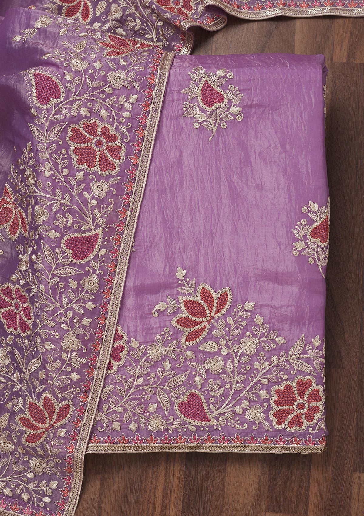 Lavender Zariwork Semi Crepe Unstitched Salwar Suit-Koskii