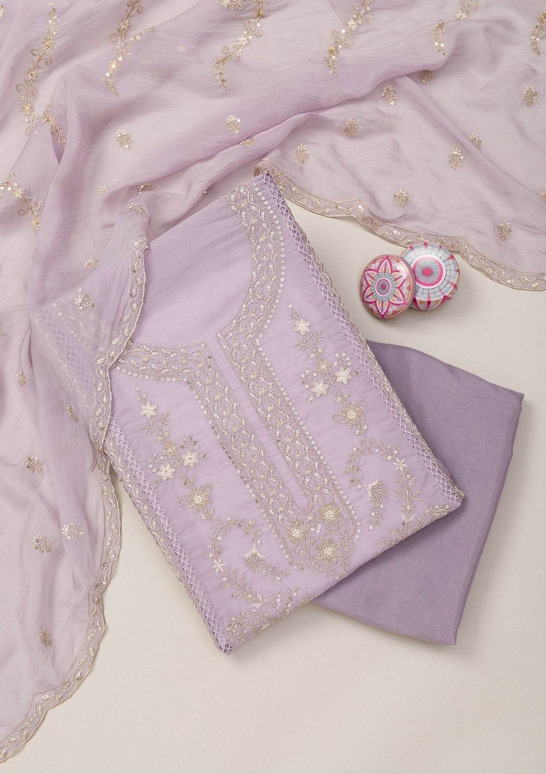 Lavender Zariwork Tissue Unstitched Salwar Suit-Koskii