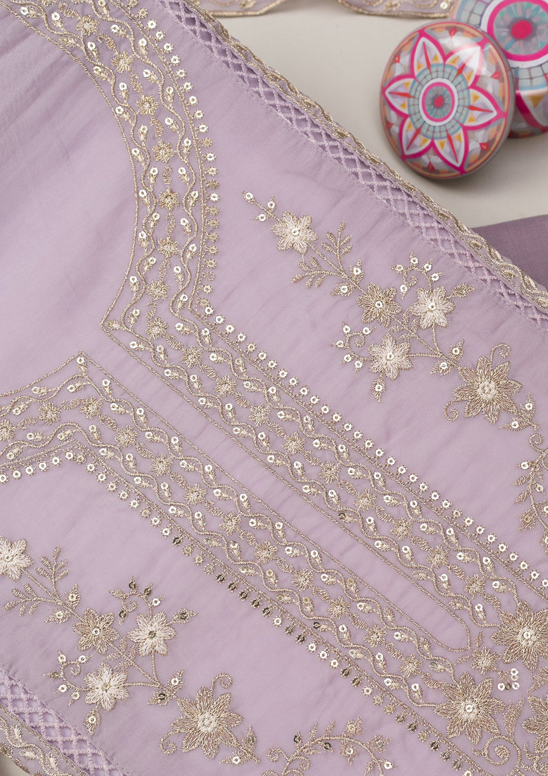 Lavender Zariwork Tissue Unstitched Salwar Suit-Koskii