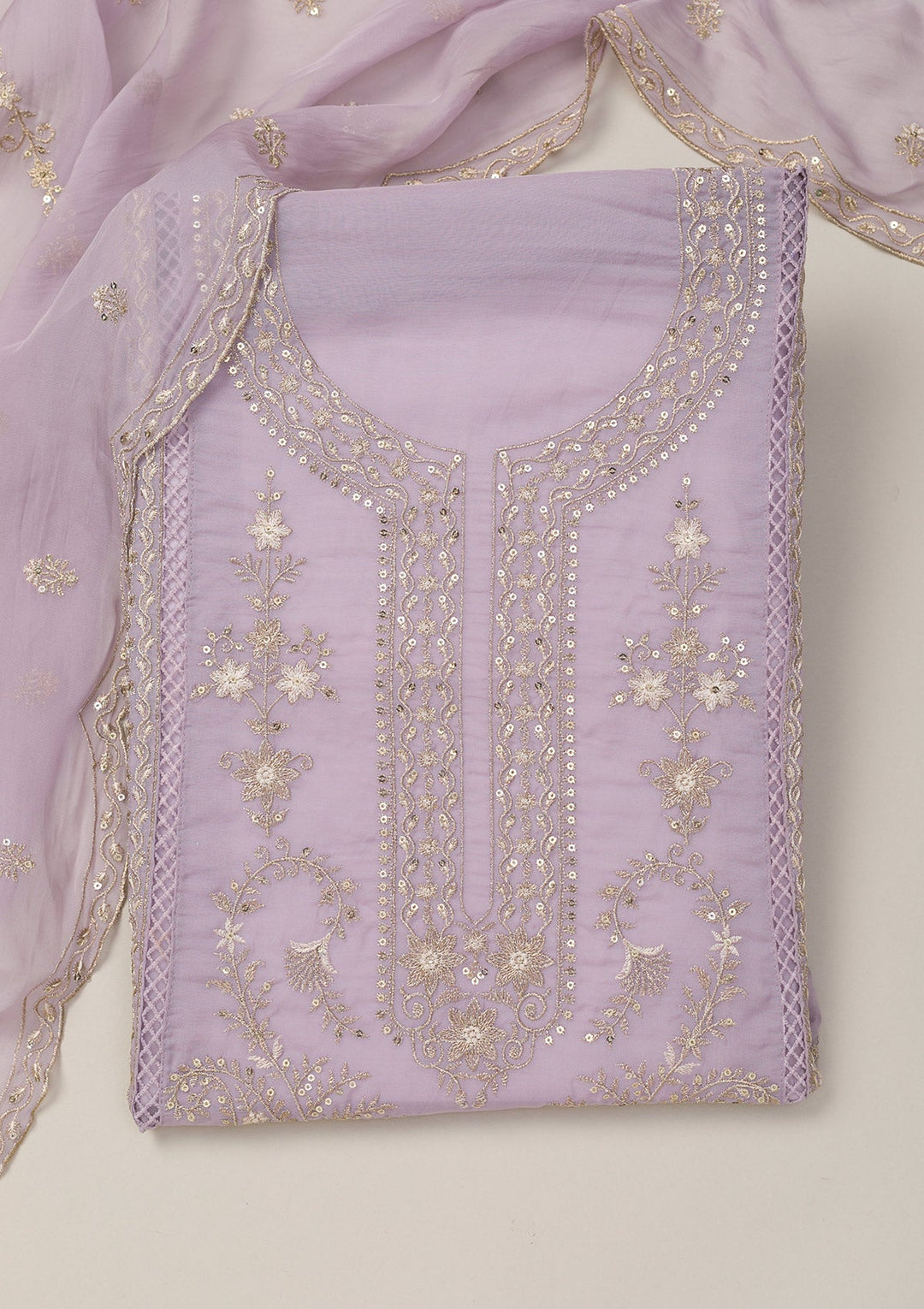 Lavender Zariwork Tissue Unstitched Salwar Suit-Koskii