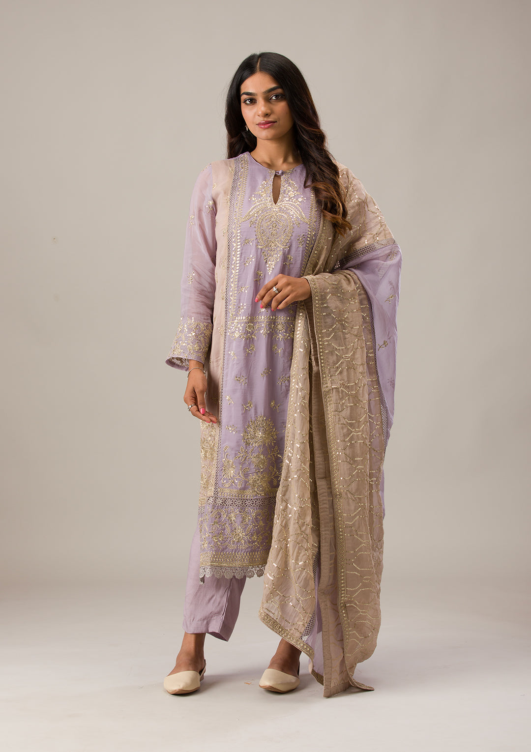 Lavender Zariwork Tissue Unstitched Salwar Suit
