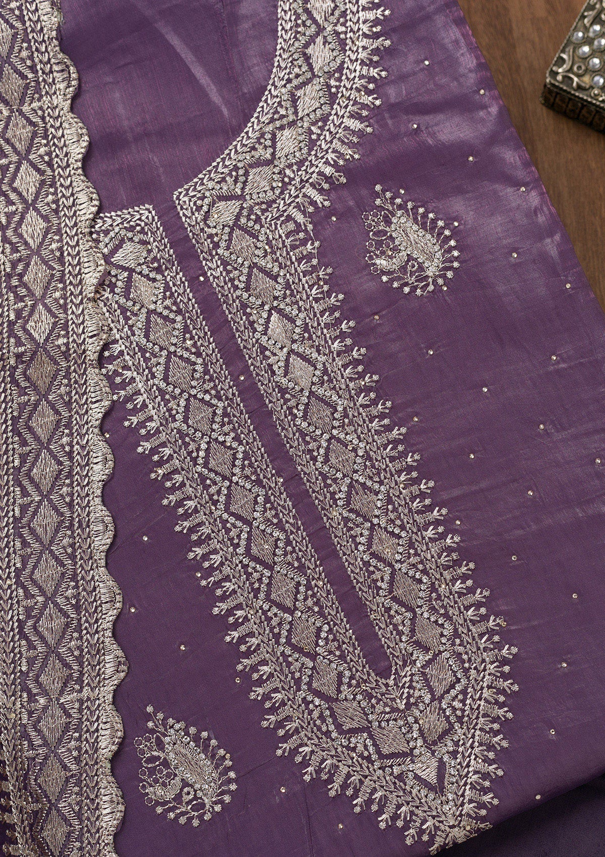 Lavender Zariwork Tissue Unstitched Salwar Suit-Koskii