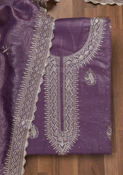 Lavender Zariwork Tissue Unstitched Salwar Suit-Koskii