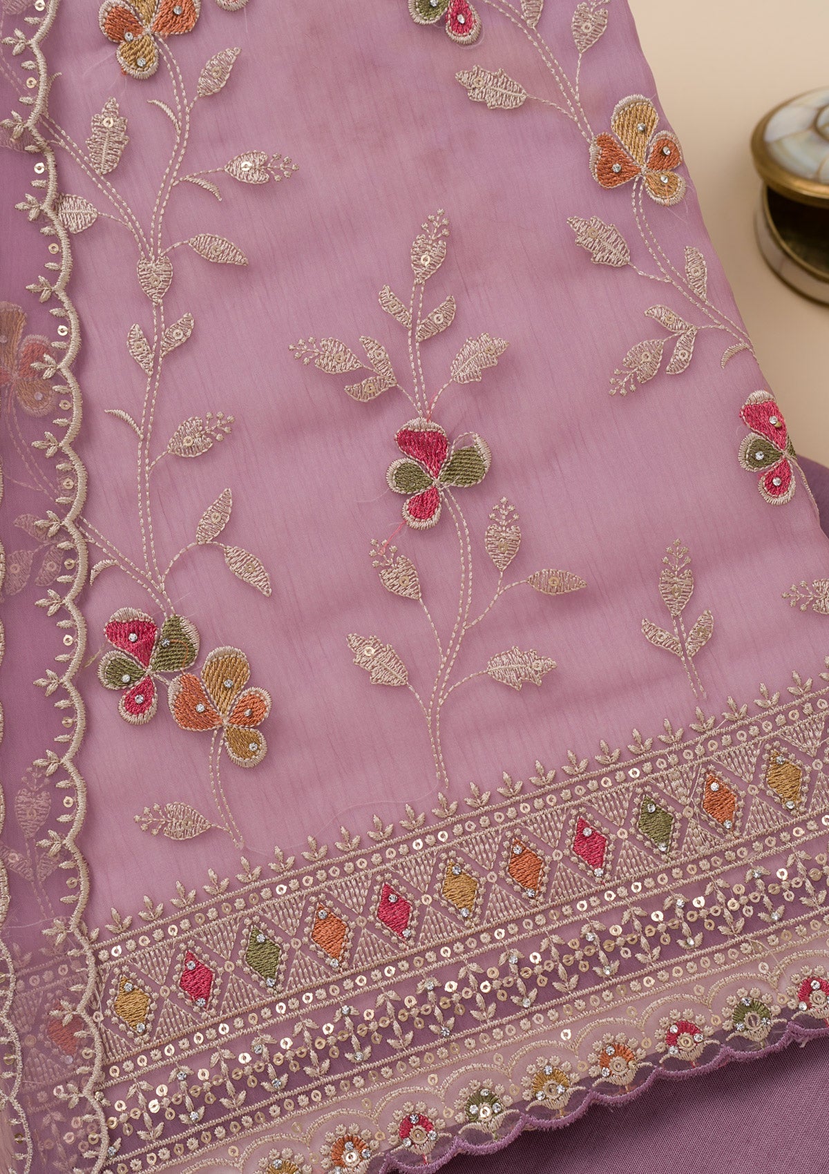 Lavender Zariwork Tissue Unstitched Salwar Suit-Koskii