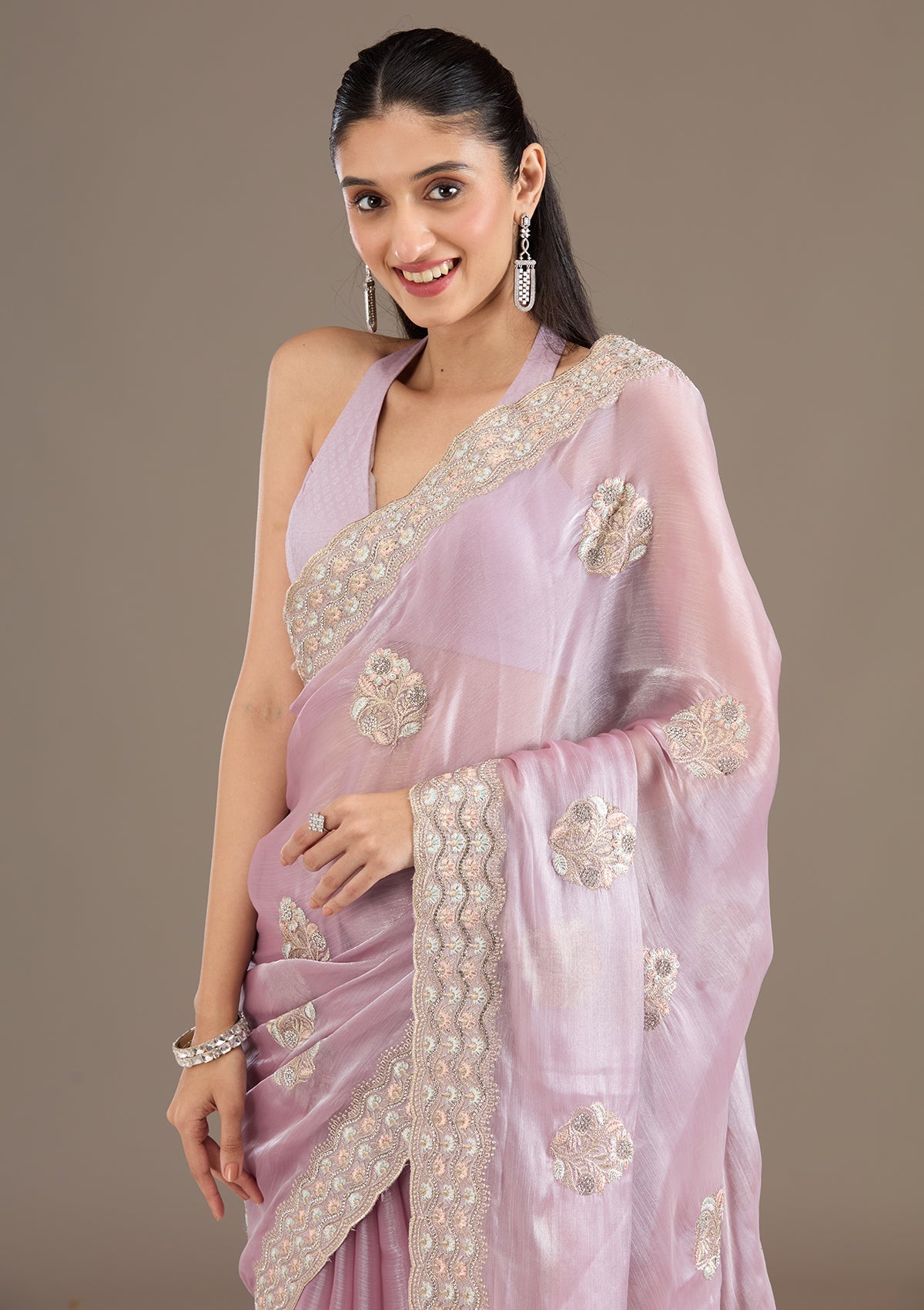 Lavender Zariwork Tissue Saree-Koskii