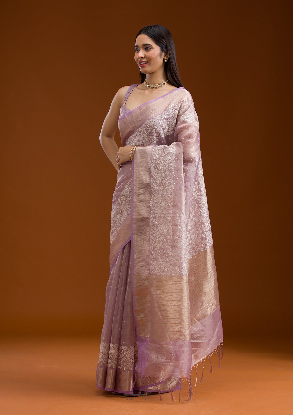 Lavender Zariwork Tissue Saree-Koskii