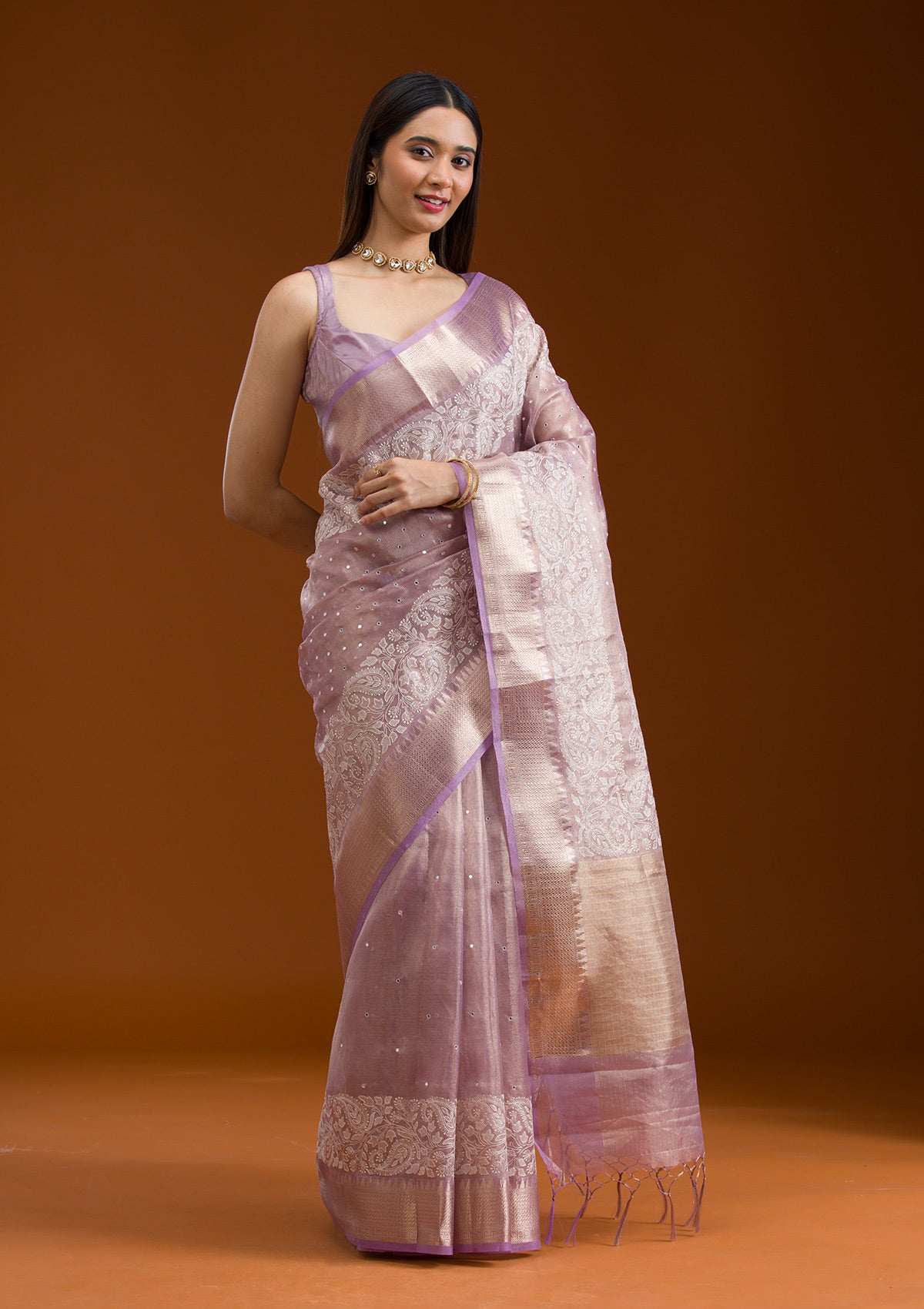 Lavender Zariwork Tissue Saree-Koskii