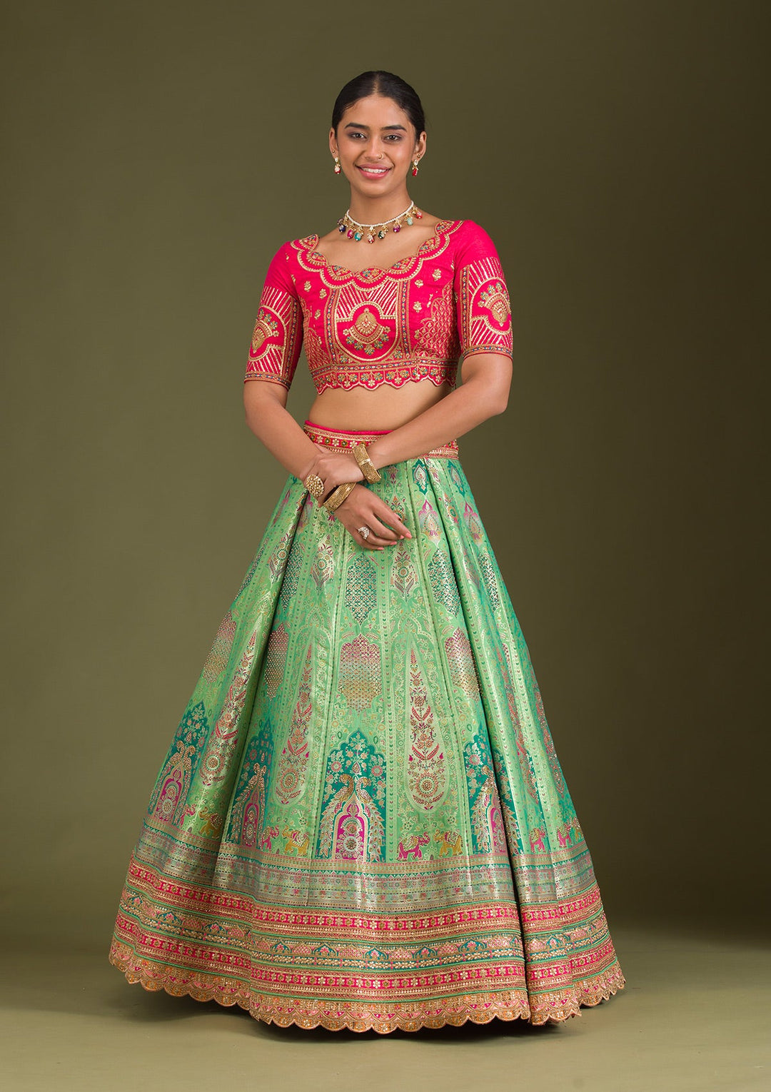 Leaf Green Zariwork Banarasi Readymade Lehenga-Koskii