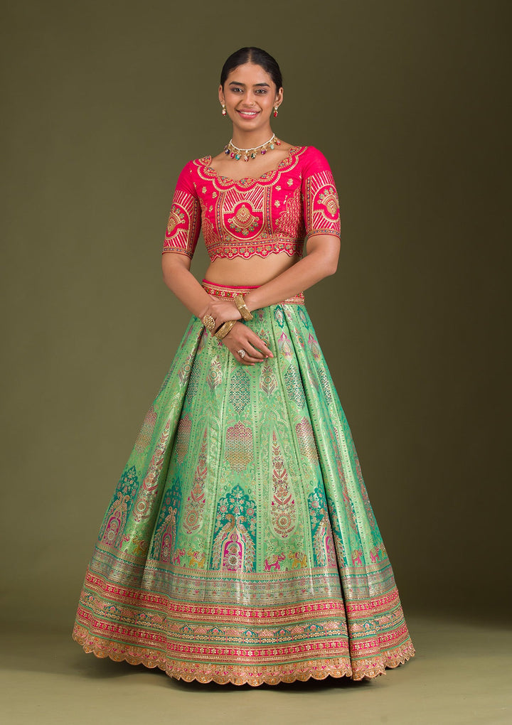 Leaf Green Zariwork Banarasi Readymade Lehenga-Koskii