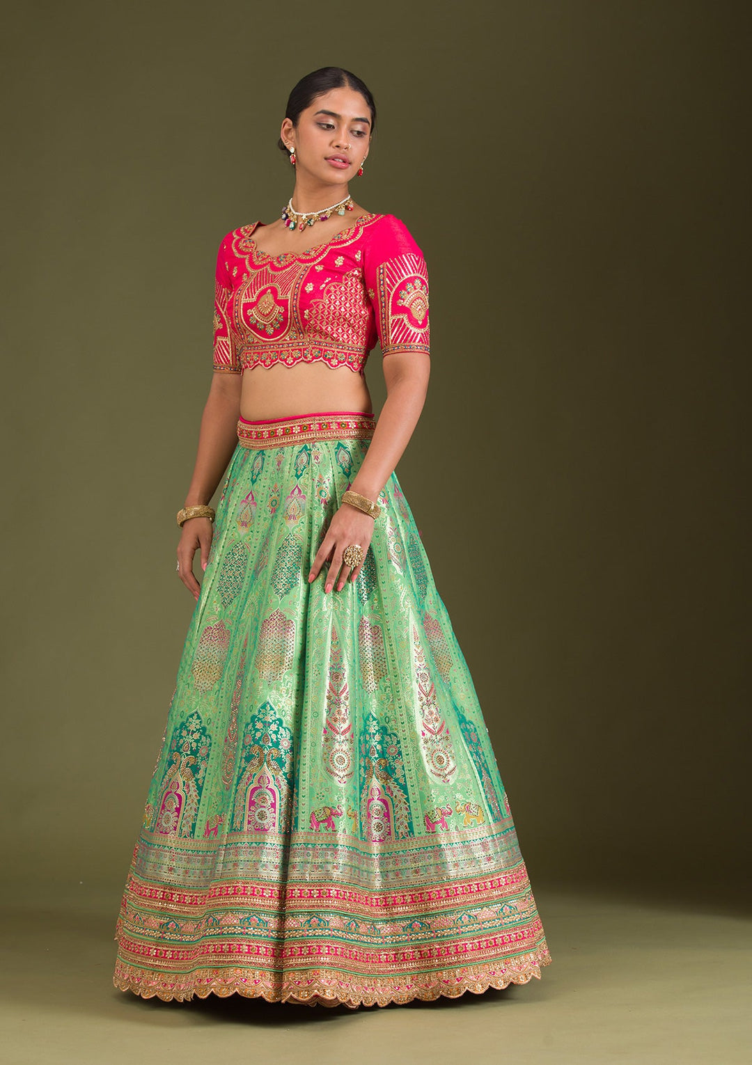 Leaf Green Zariwork Banarasi Readymade Lehenga-Koskii