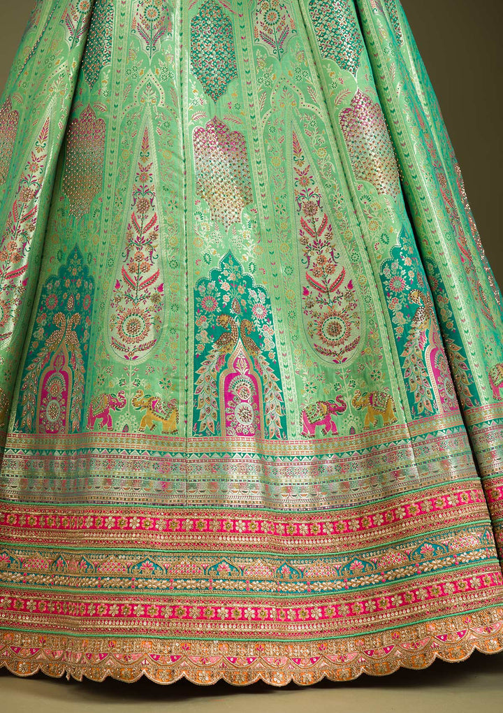 Leaf Green Zariwork Banarasi Readymade Lehenga-Koskii