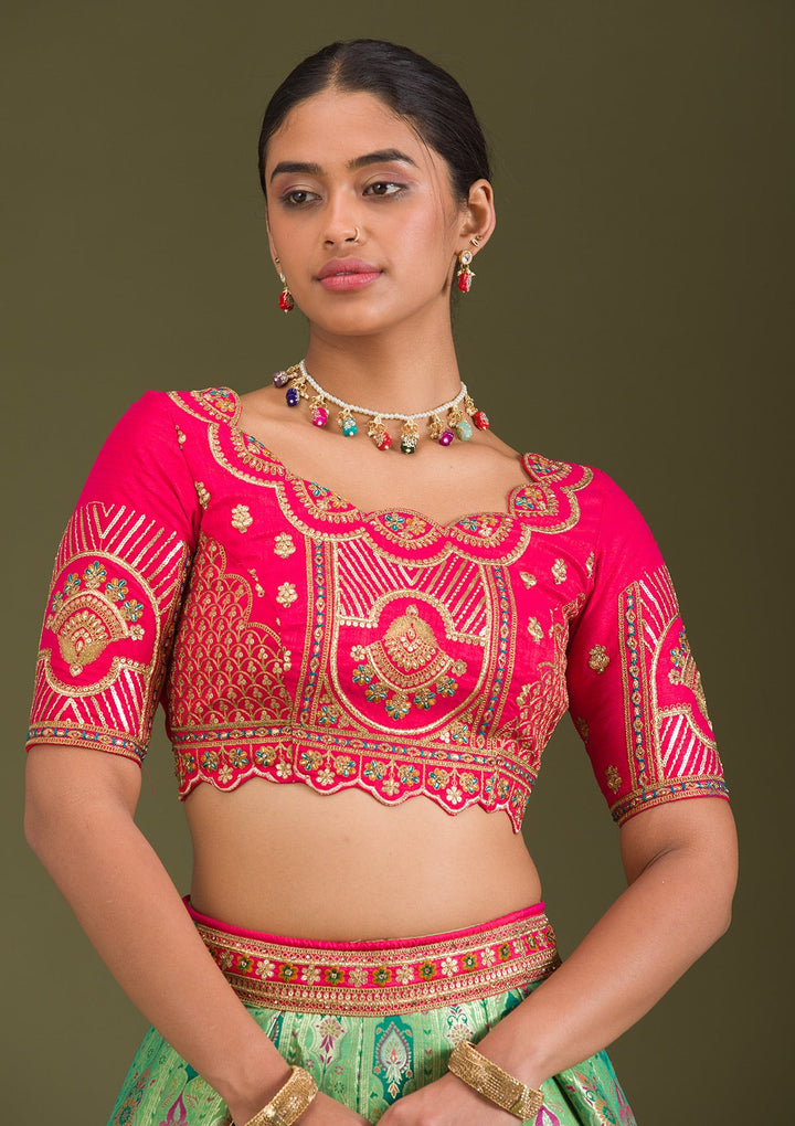 Leaf Green Zariwork Banarasi Readymade Lehenga-Koskii