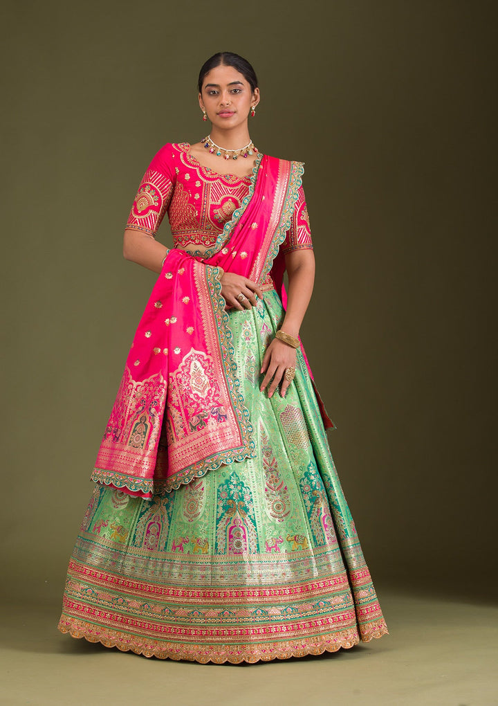 Leaf Green Zariwork Banarasi Readymade Lehenga-Koskii