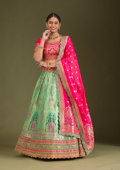 Leaf Green Zariwork Banarasi Readymade Lehenga-Koskii