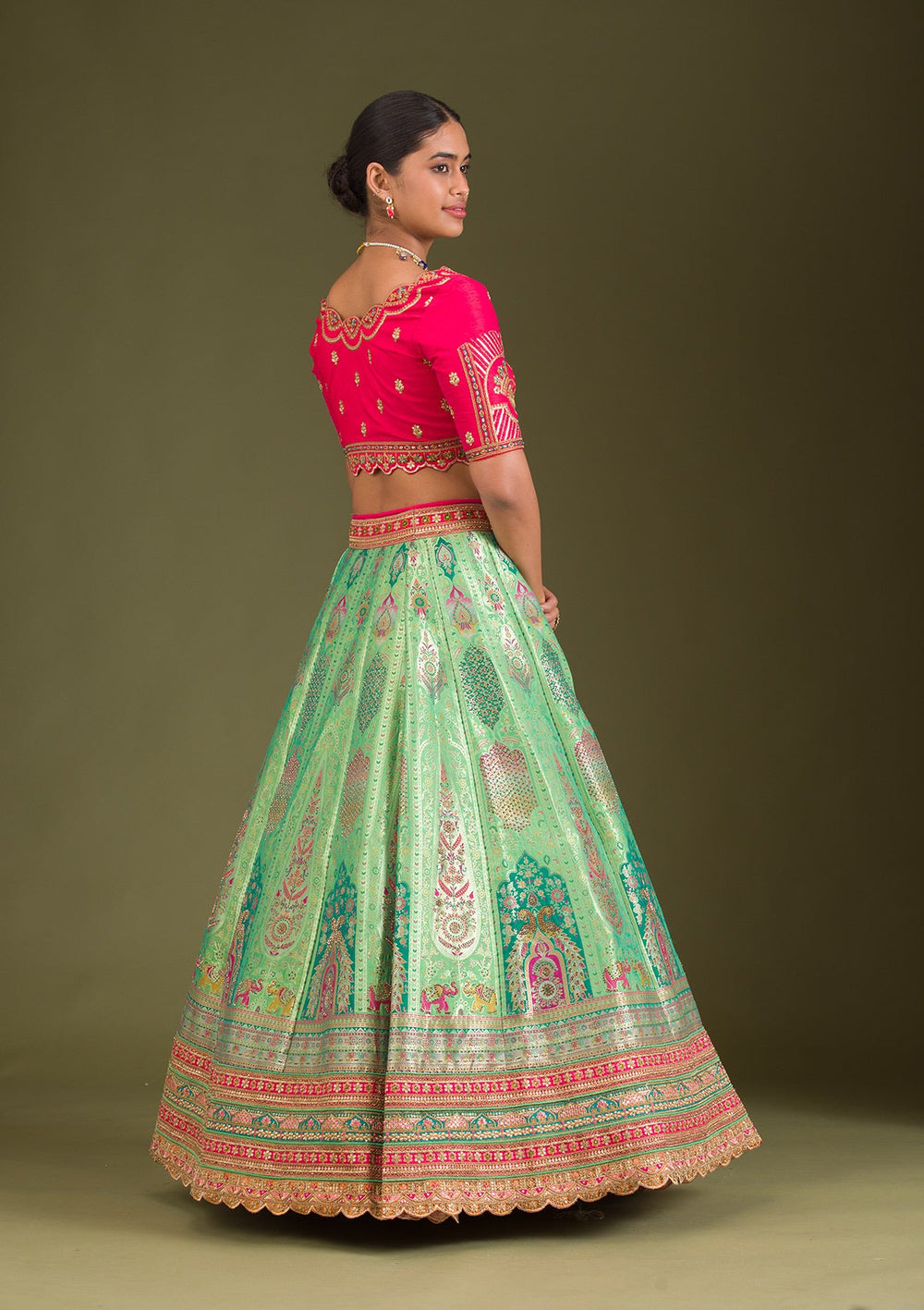 Leaf Green Zariwork Banarasi Readymade Lehenga-Koskii