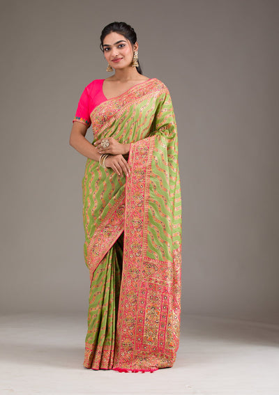 Leaf Green Cutdana Art Silk Saree-Koskii