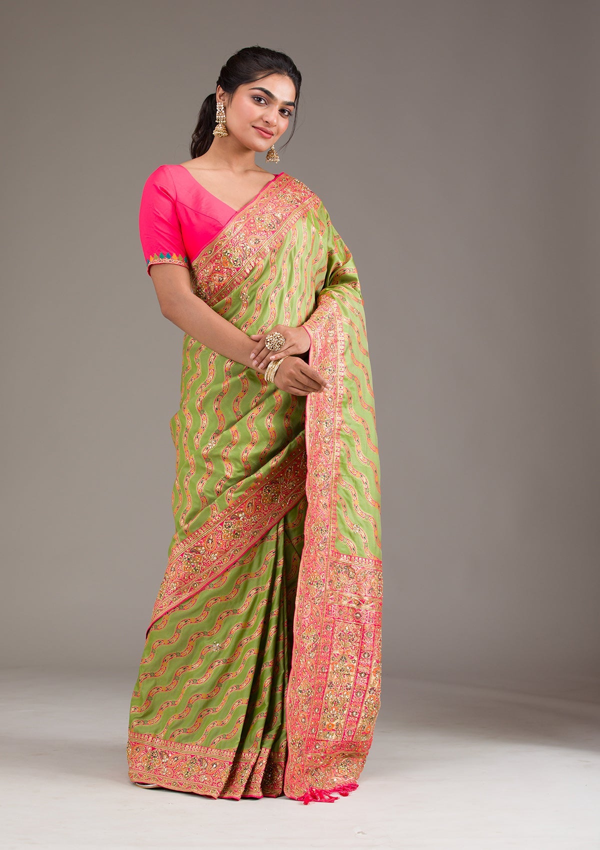 Leaf Green Cutdana Art Silk Saree-Koskii