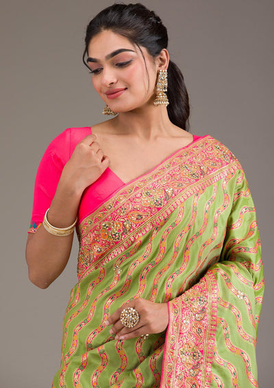 Leaf Green Cutdana Art Silk Saree-Koskii