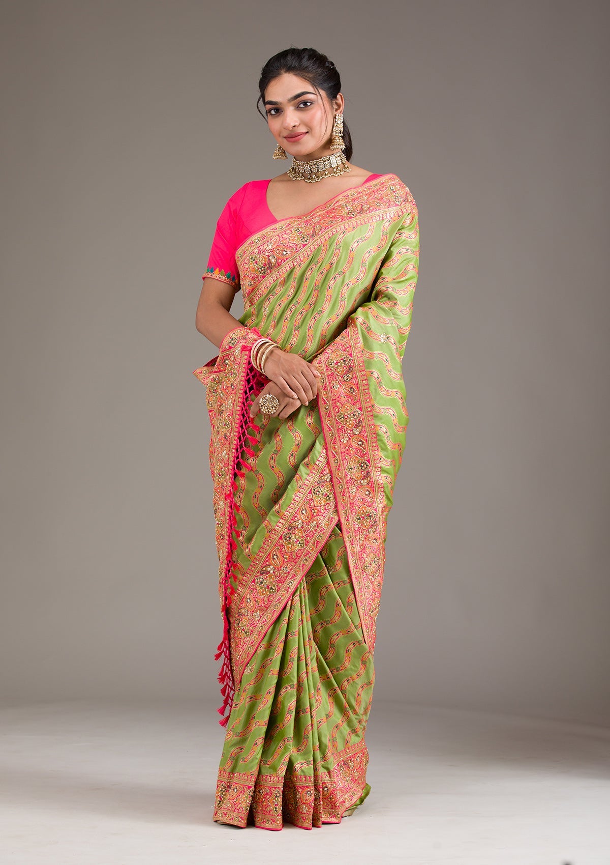 Leaf Green Cutdana Art Silk Saree-Koskii