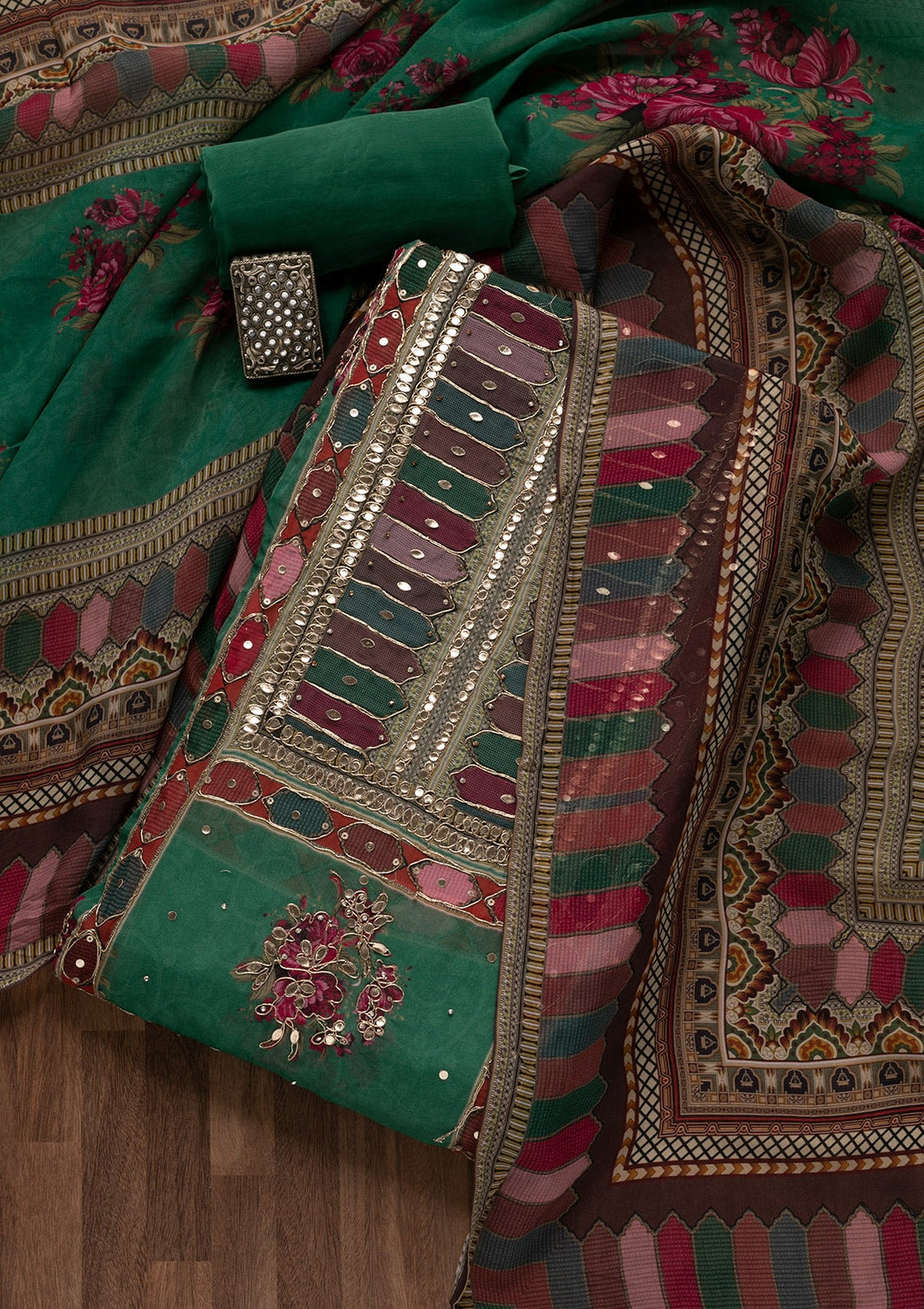 Leaf Green Gotapatti Georgette Unstitched Salwar Suit-Koskii