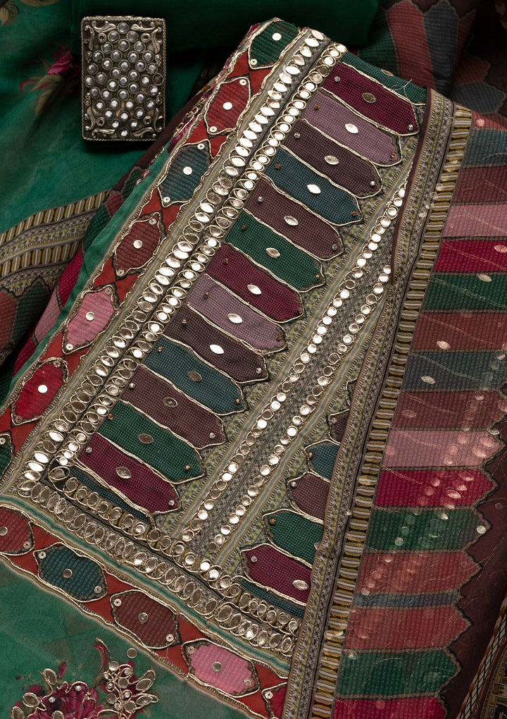 Leaf Green Gotapatti Georgette Unstitched Salwar Suit-Koskii