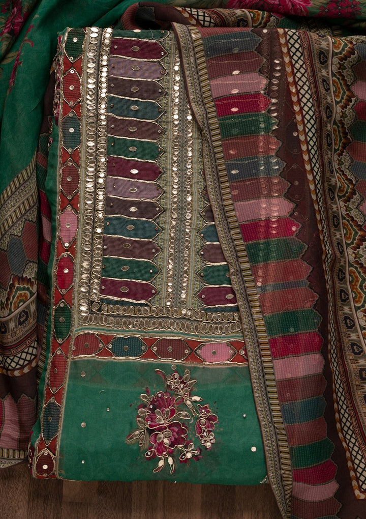 Leaf Green Gotapatti Georgette Unstitched Salwar Suit-Koskii