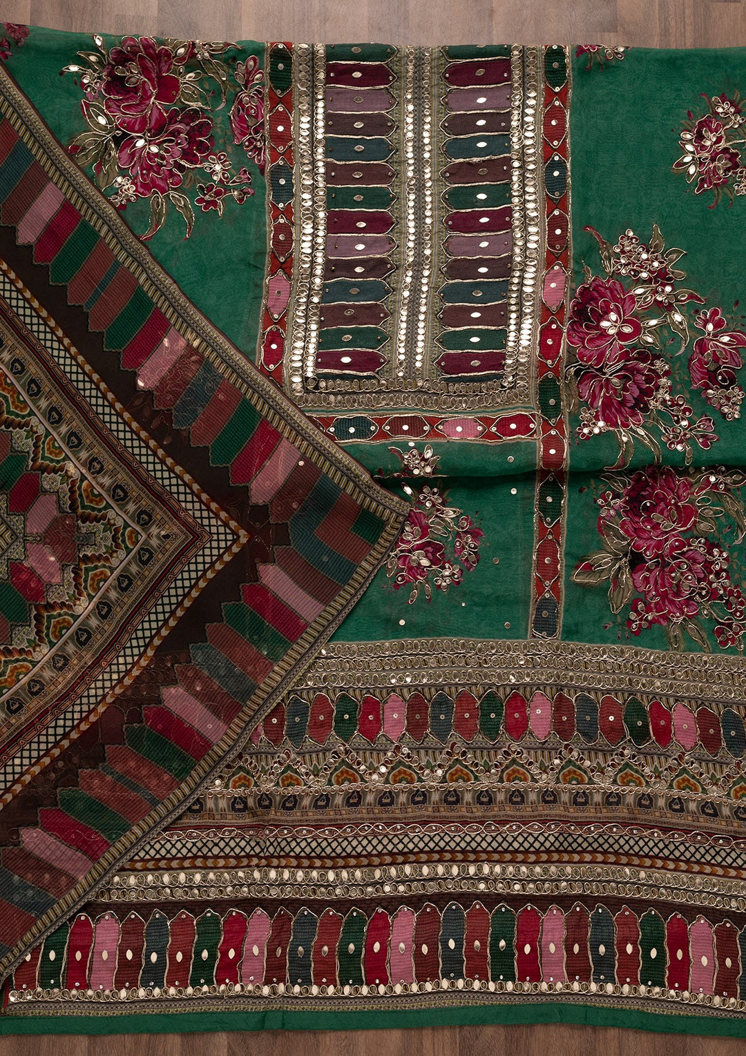 Leaf Green Gotapatti Georgette Unstitched Salwar Suit-Koskii