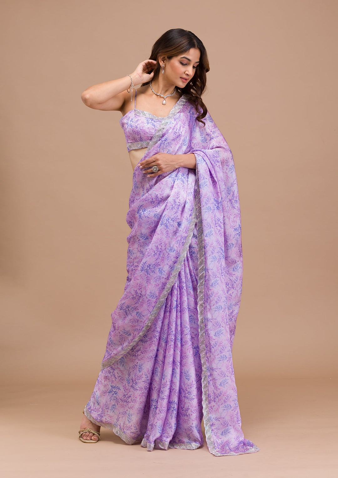 Lavender Printed Satin Saree-Koskii