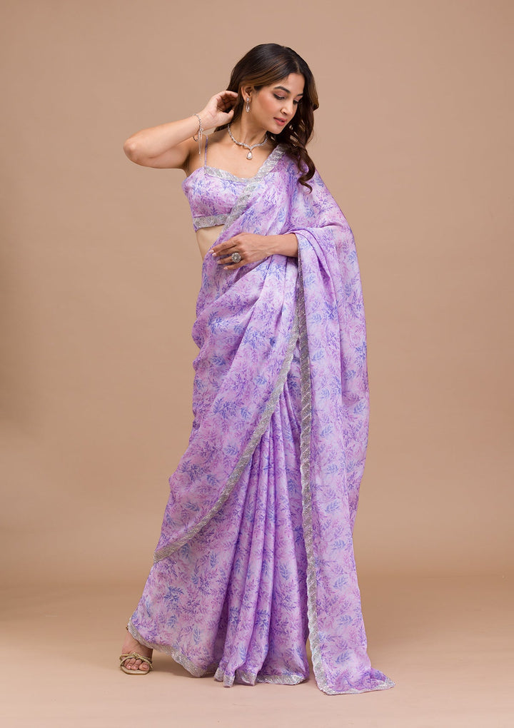 Lavender Printed Satin Saree-Koskii