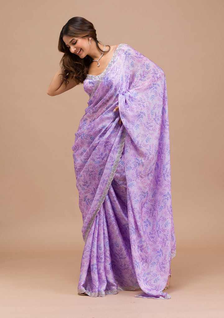 Lavender Printed Satin Saree-Koskii