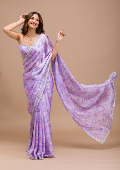 Lavender Printed Satin Saree-Koskii