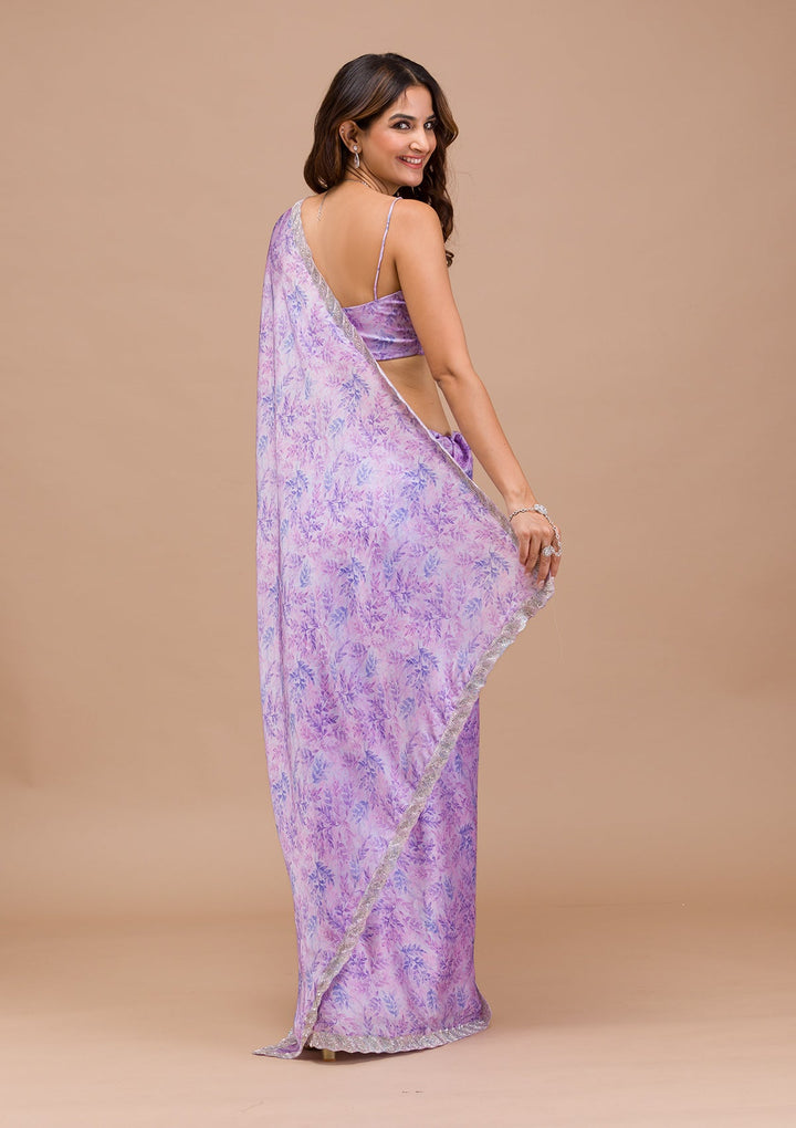 Lavender Printed Satin Saree-Koskii