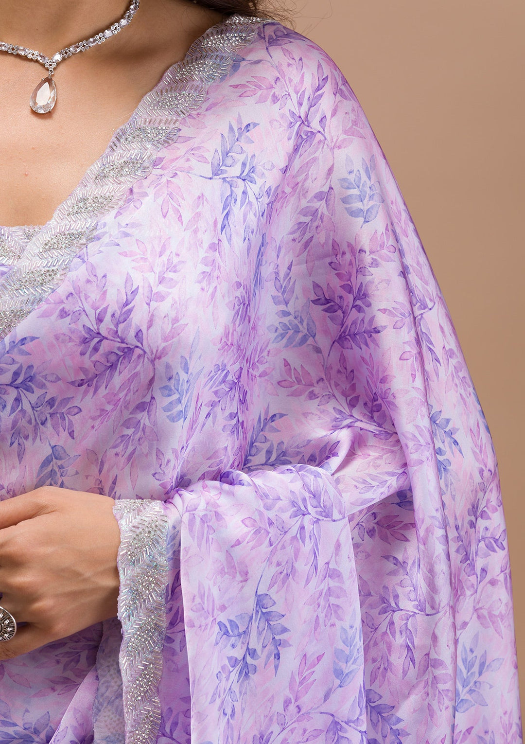 Lavender Printed Satin Saree-Koskii