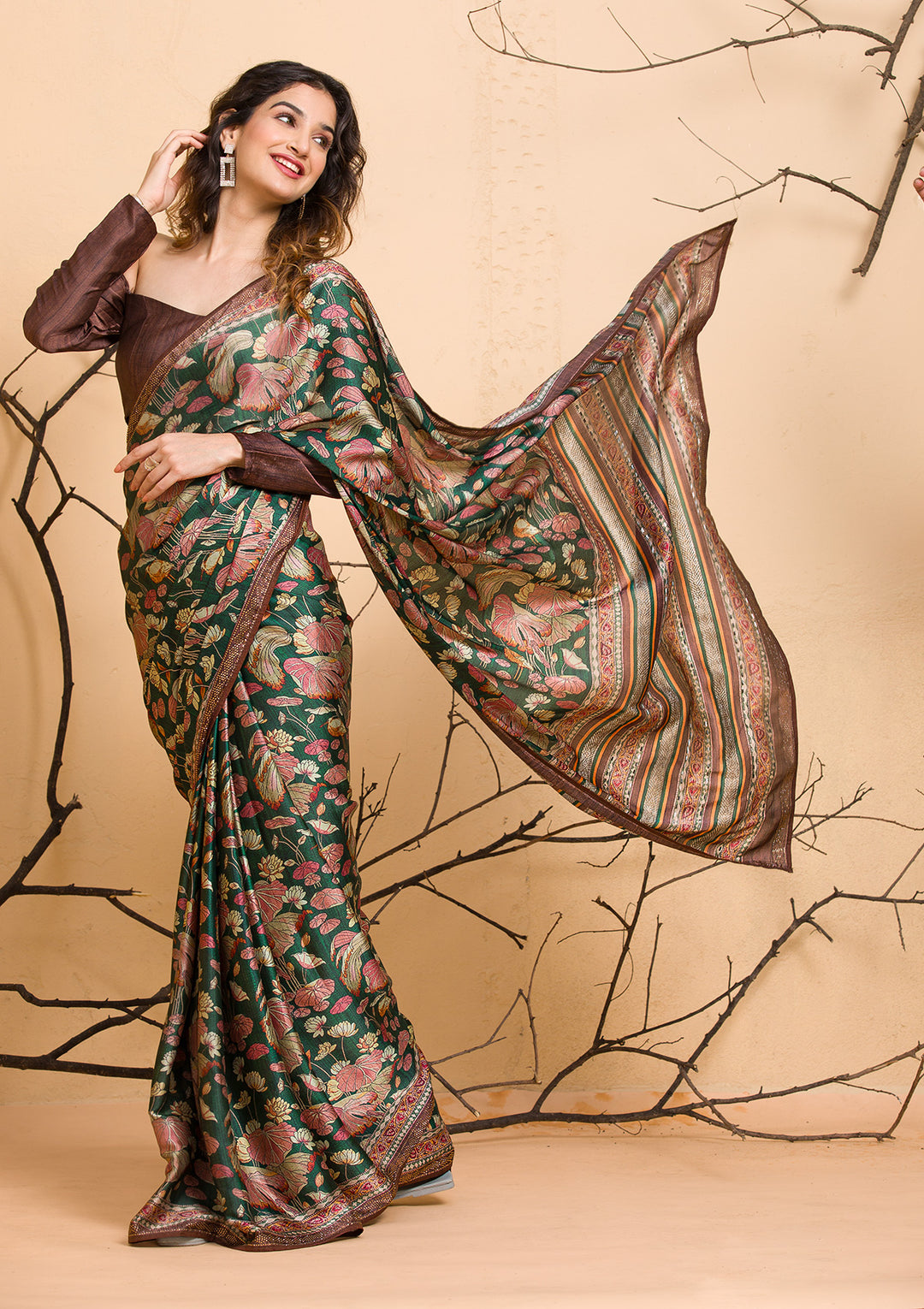 Leaf Green Floral Printed Semi Crepe Designer Saree-Koskii