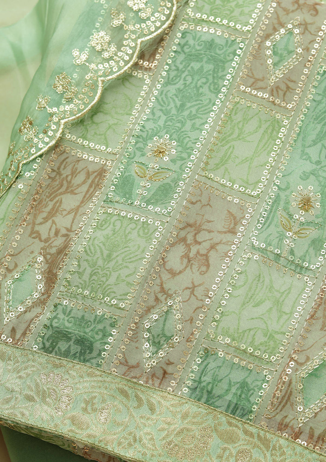 Leaf Green Sequins Tissue Unstitched Salwar Suit