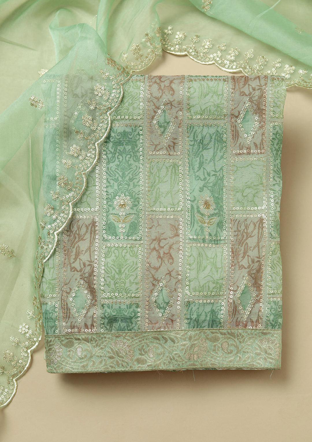 Leaf Green Sequins Tissue Unstitched Salwar Suit