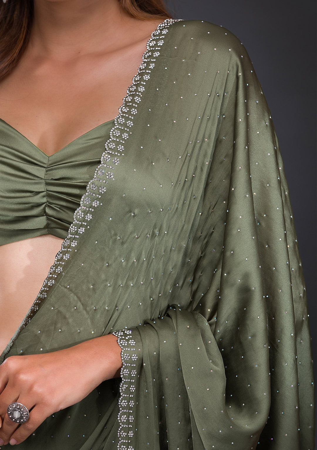 Leaf Green Stonework Satin Saree-Koskii