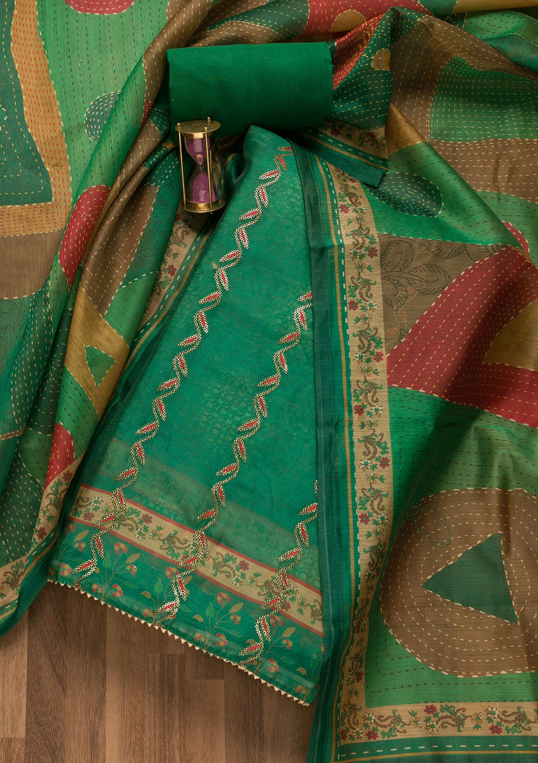 Leaf Green Threadwork Chanderi Unstitched Salwar Suit-Koskii
