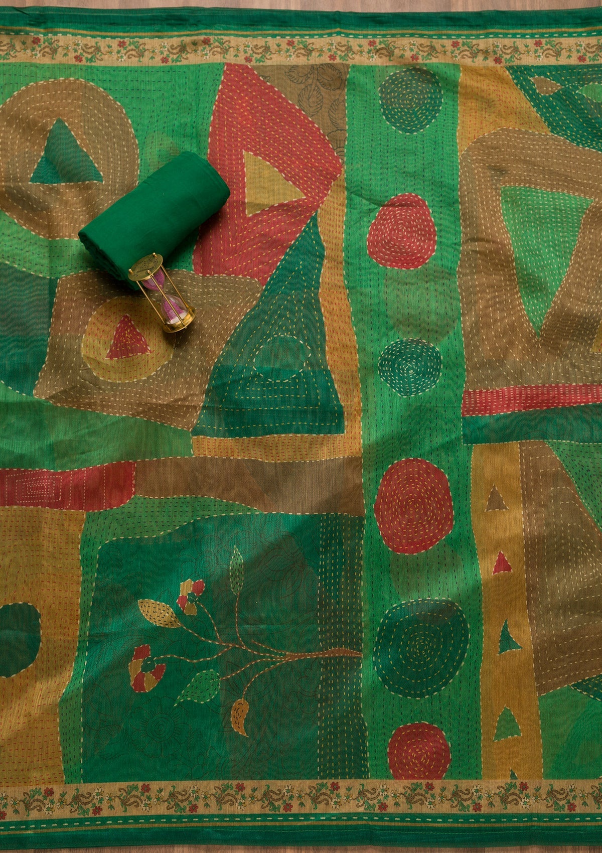Leaf Green Threadwork Chanderi Unstitched Salwar Suit-Koskii
