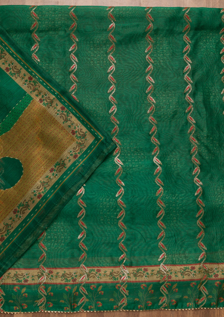 Leaf Green Threadwork Chanderi Unstitched Salwar Suit-Koskii