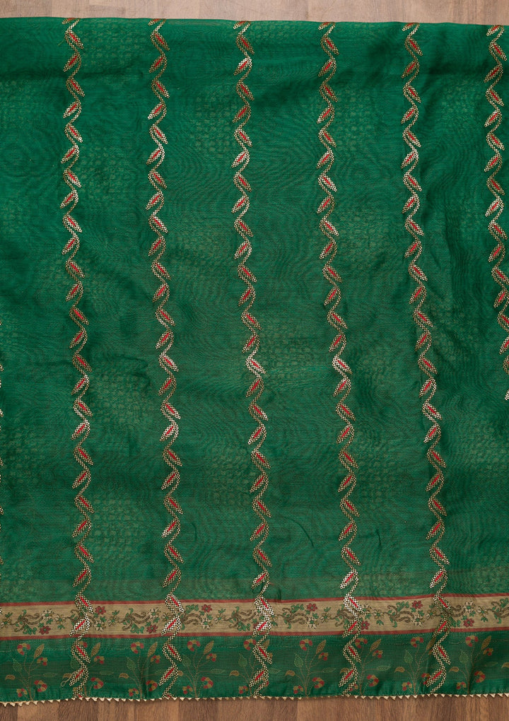Leaf Green Threadwork Chanderi Unstitched Salwar Suit-Koskii