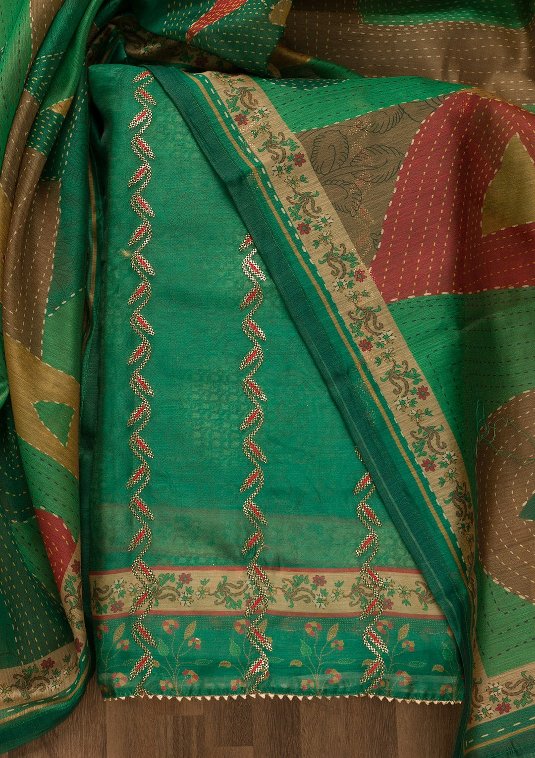 Leaf Green Threadwork Chanderi Unstitched Salwar Suit-Koskii