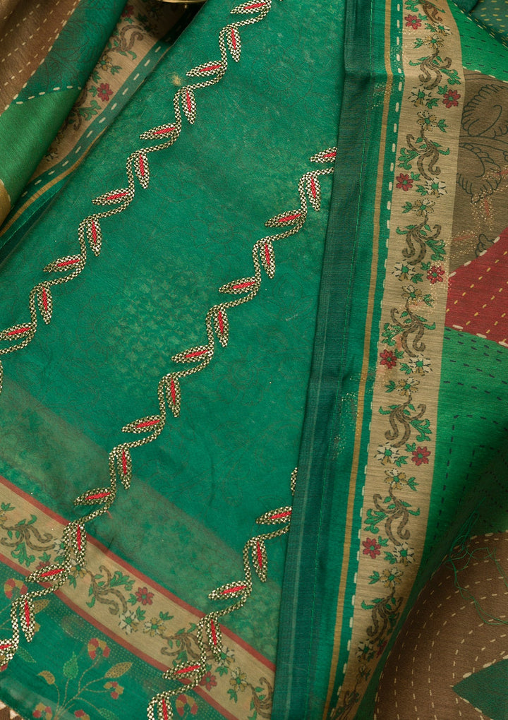 Leaf Green Threadwork Chanderi Unstitched Salwar Suit-Koskii