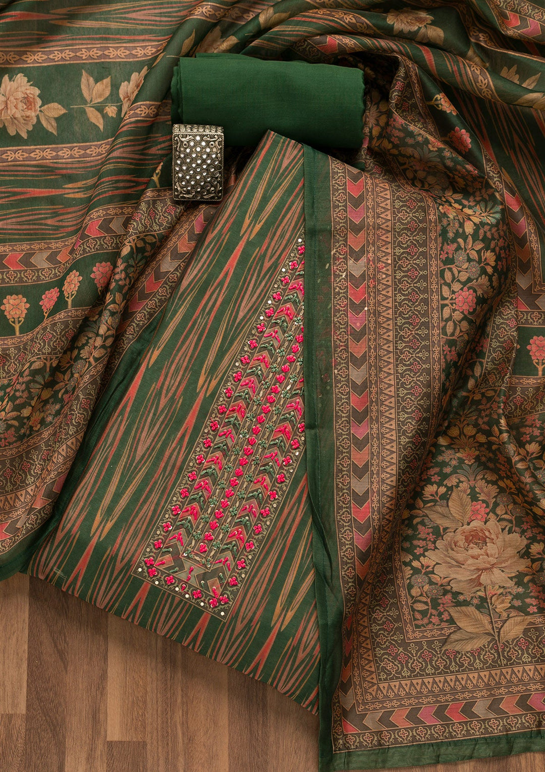 Leaf Green Threadwork Chanderi Unstitched Salwar Suit-Koskii