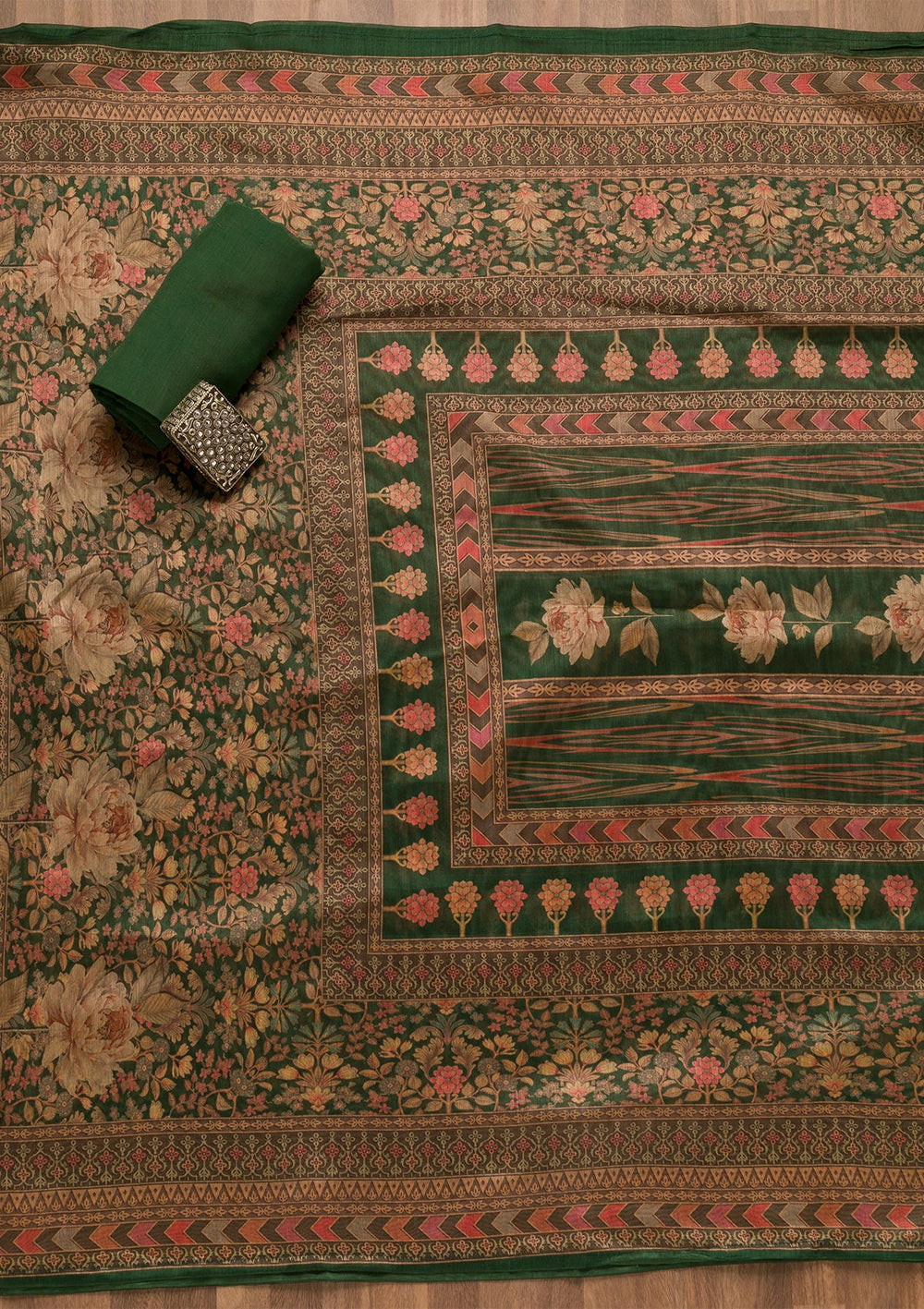 Leaf Green Threadwork Chanderi Unstitched Salwar Suit-Koskii