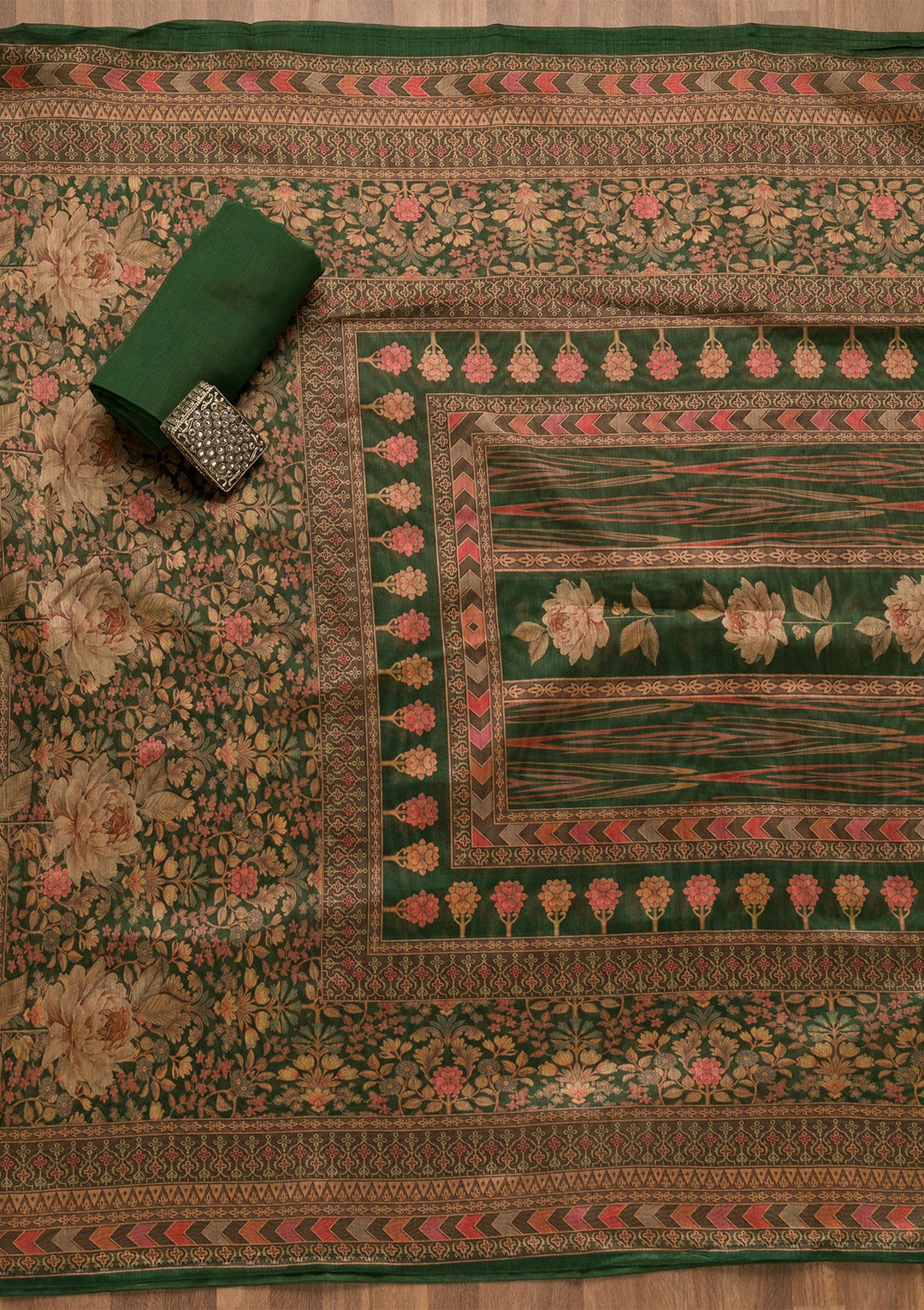 Leaf Green Threadwork Chanderi Unstitched Salwar Suit-Koskii