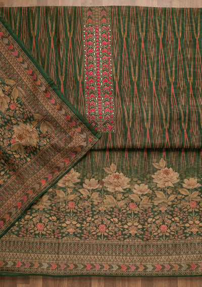 Leaf Green Threadwork Chanderi Unstitched Salwar Suit-Koskii